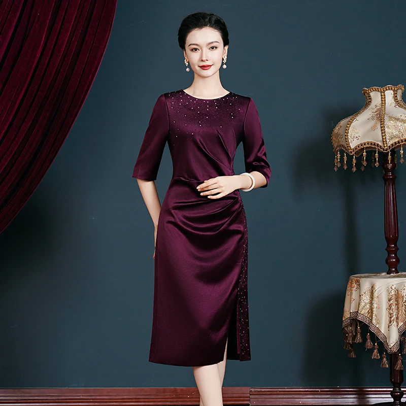拉菲红进口三醋酸遮肚喜妈妈婚宴礼服连衣裙日常可穿喜婆婆装Y