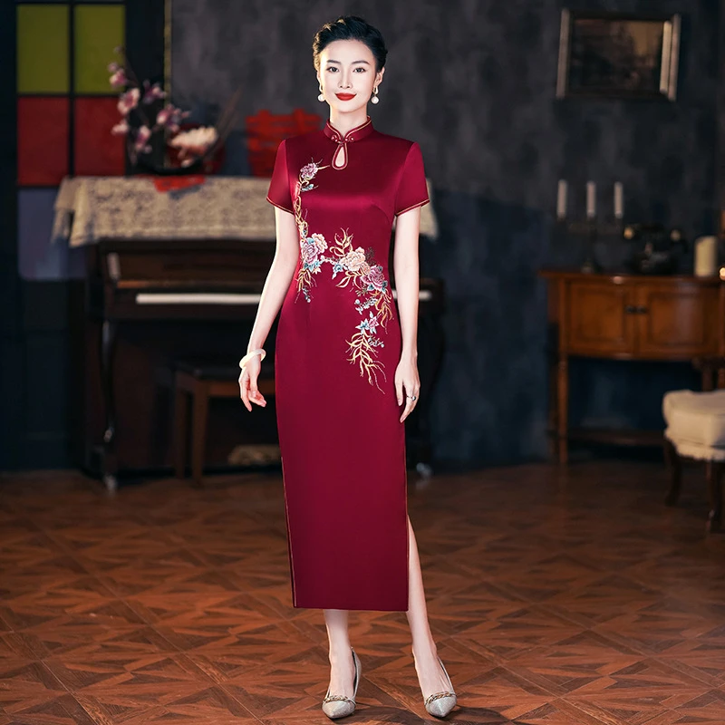 正品苏绣旗袍进口三醋酸时尚气质修身喜妈妈婆婆婚宴礼服礼服N