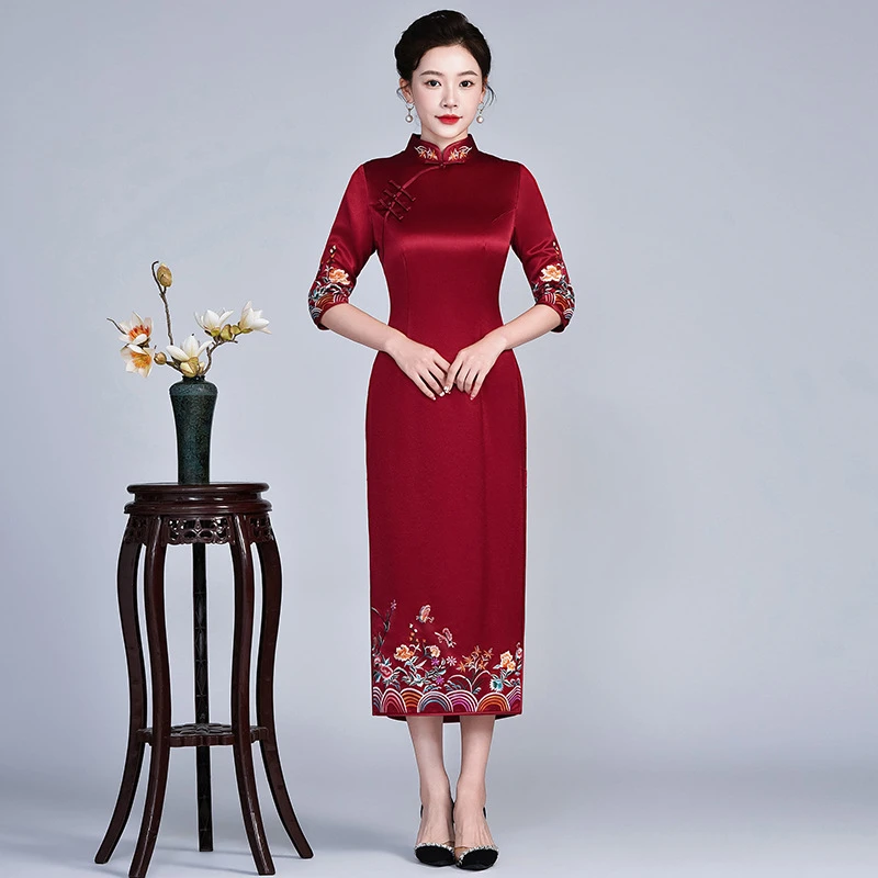 苏绣高档三醋酸【多色】喜婆婆秋冬旗袍妈妈敬酒服高级感婚宴礼服L