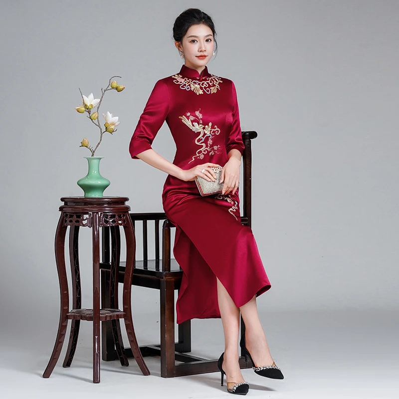 重磅醋酸苏绣旗袍（多色）高端刺绣婚礼喜妈妈婆婆婚宴旗袍复古L