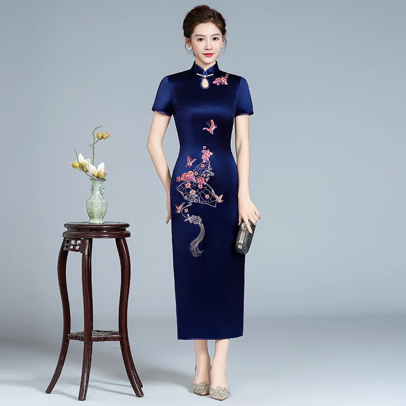 2025新【正品苏绣】旗袍三醋酸宝石蓝喜妈妈婆婆婚宴礼服端庄气质L