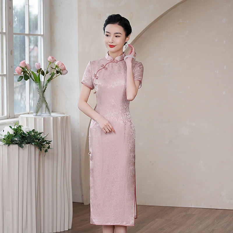 2025夏交织桑蚕丝手工手工旗袍日常可穿提花复古喜妈妈婆婆旗袍HQ