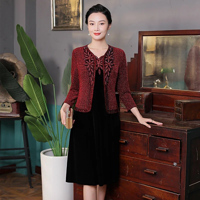 进口丝绒二件套喜妈妈婆婆婚宴礼服秋冬时尚连衣裙大码妈妈装短款