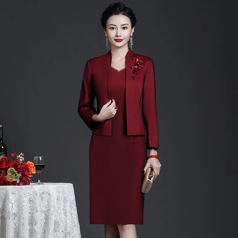 【套装】小个子喜妈妈婚宴礼服优雅端庄修身中老年大码两件套长袖Z