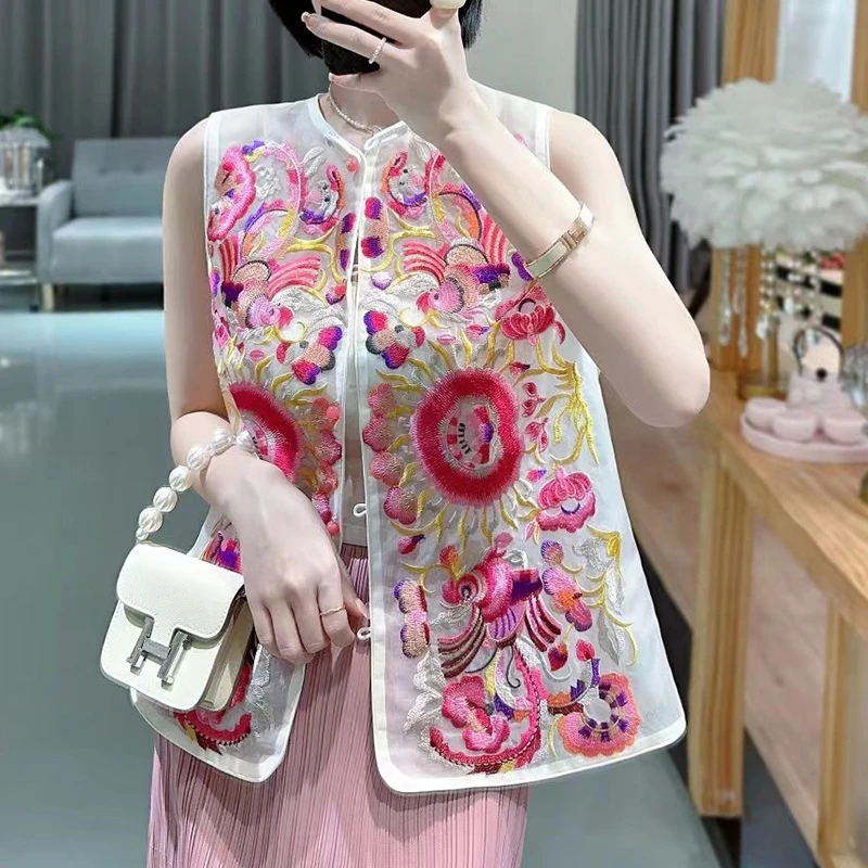 国风马甲夏天外穿薄款女新中式民族刺绣马夹欧根纱国潮风高端