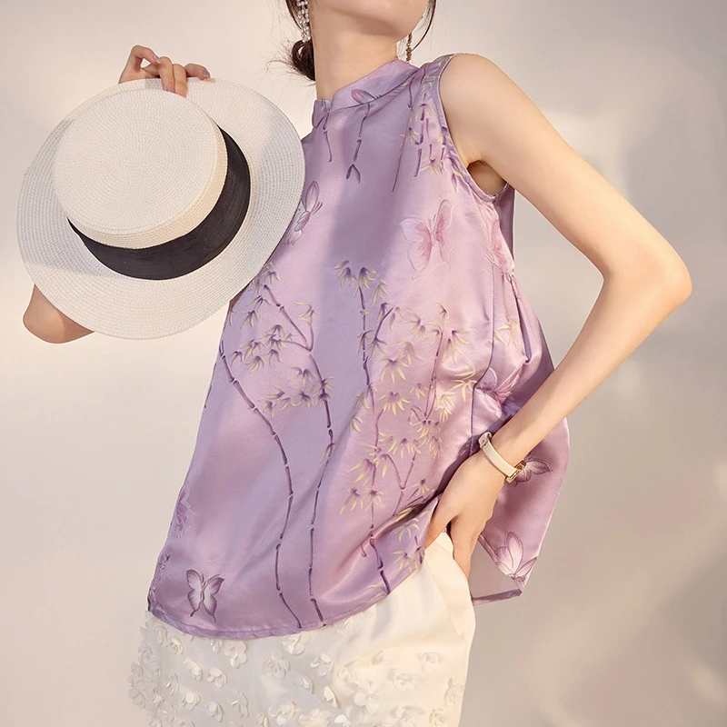 【断货】2025夏季新款新中式国风蝴蝶竹叶印花马甲轻奢气质上衣