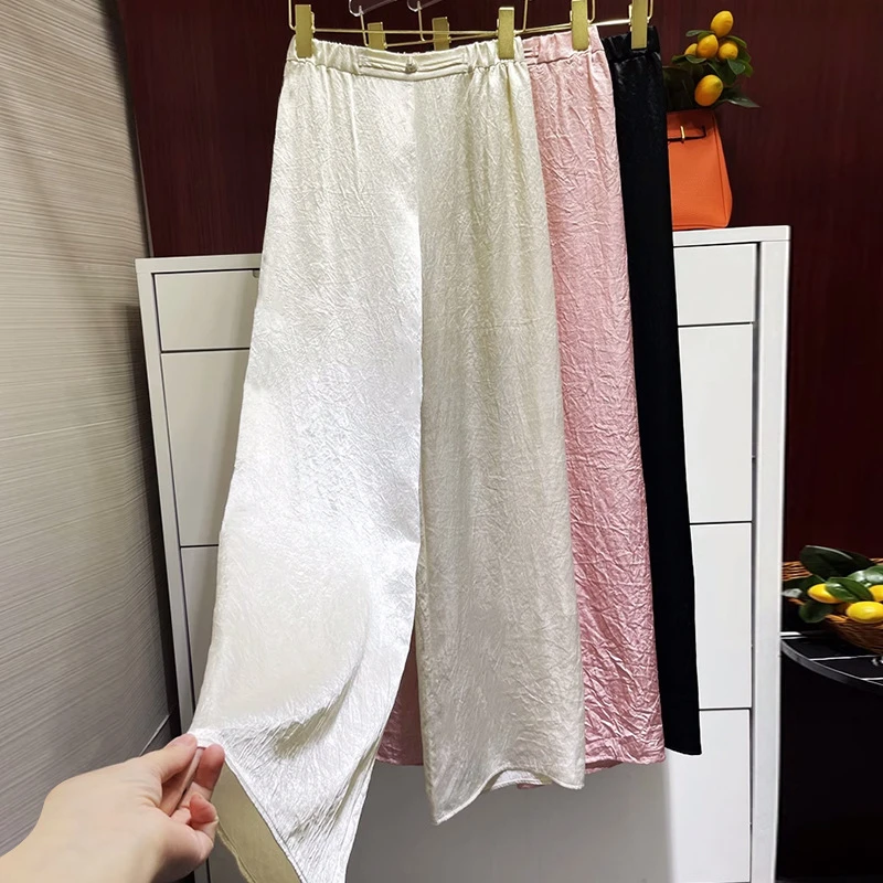 2024夏款新中式高级感裤子女褶皱醋酸盘扣直筒休闲宽松长裤