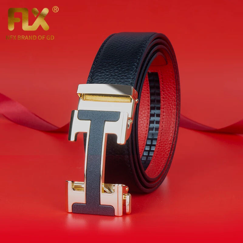NFX轻奢品牌 男商务时尚自动扣皮带头层牛皮本命年红腰带简约裤带