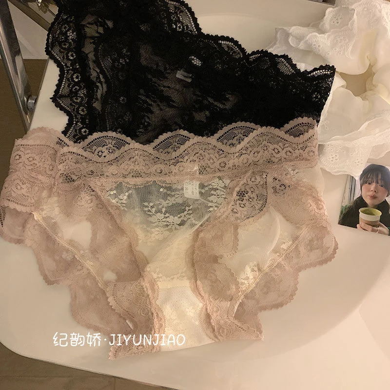 法式性感蕾丝内裤女士棉裆透明甜美纯欲火辣少女低腰三角内裤女