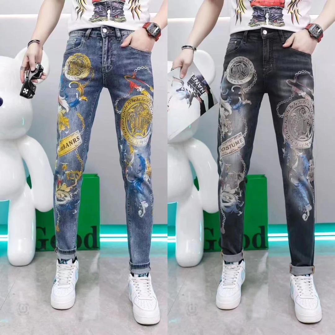 夏季薄款牛仔裤男士水印图案中腰弹力显瘦小脚裤百搭时尚蓝色休闲