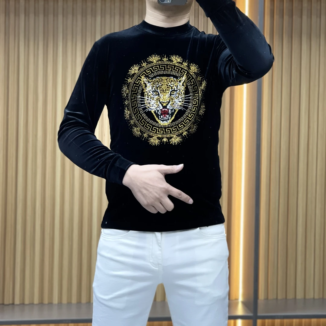 2025秋冬新款欧货蓝色长袖卫衣加绒个性百搭烫钻虎头长袖卫衣男