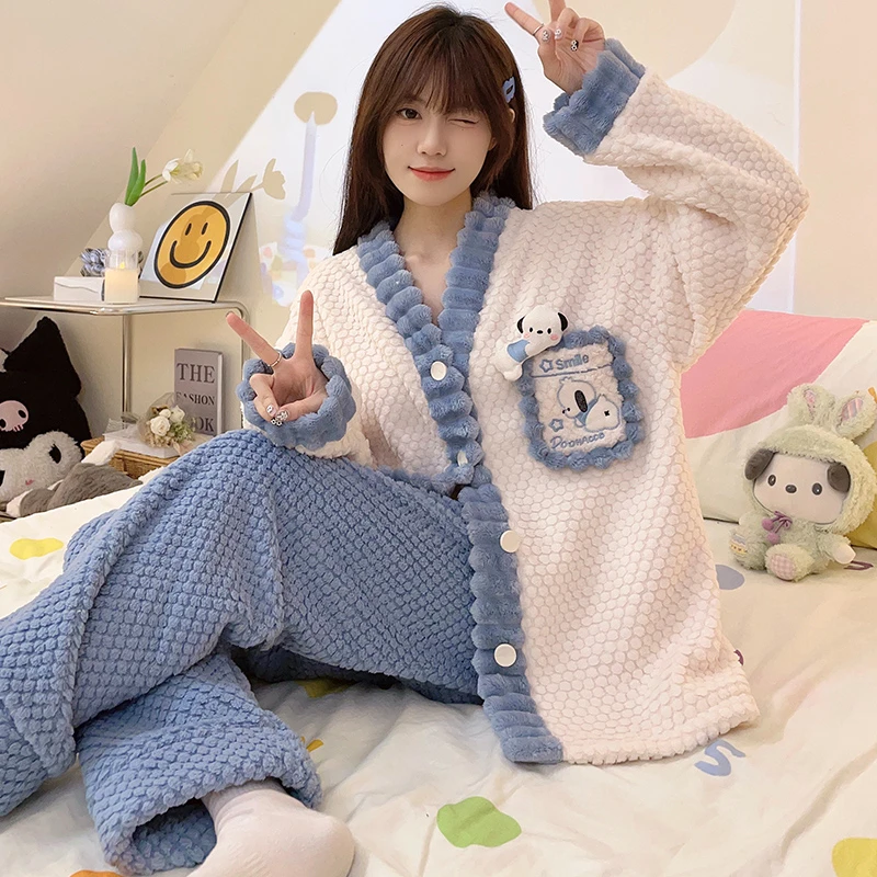 睡衣女秋冬季珊瑚绒加绒加厚法兰绒可爱女士可外穿家居服套装冬天