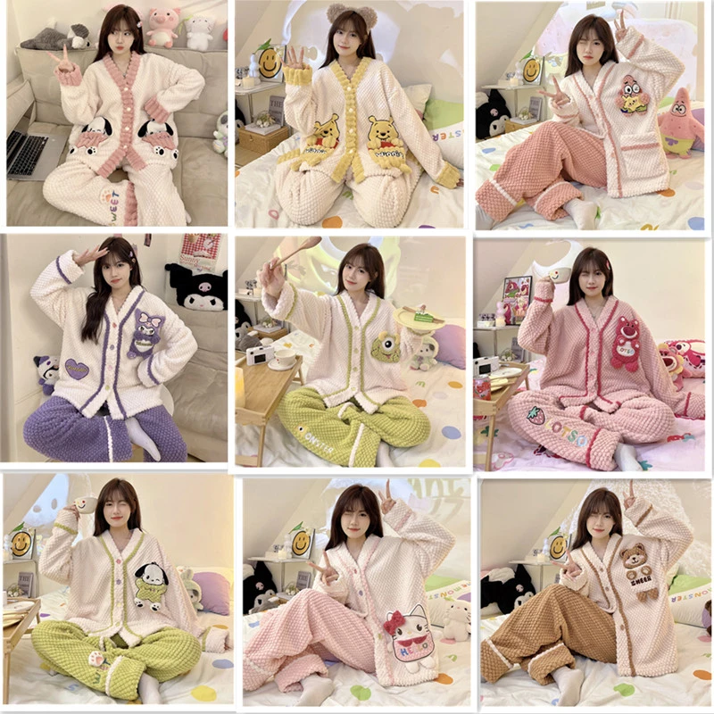 珊瑚绒冬季女款加绒加厚2024新款法兰绒居家套装睡衣口袋花朵可爱