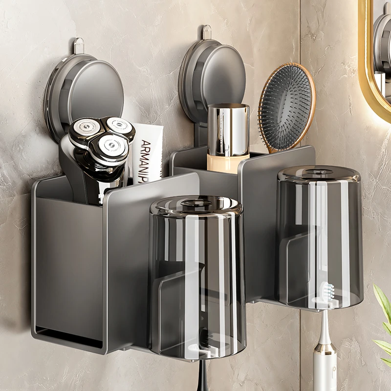 吸盘牙刷置物架卫生间免打孔漱口杯电动牙刷情侣壁挂式牙膏挂架子