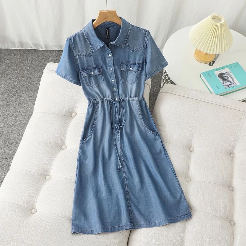 H女装牛仔连衣裙短袖夏季轻薄水洗韩版裙子柔软透气显瘦显气质