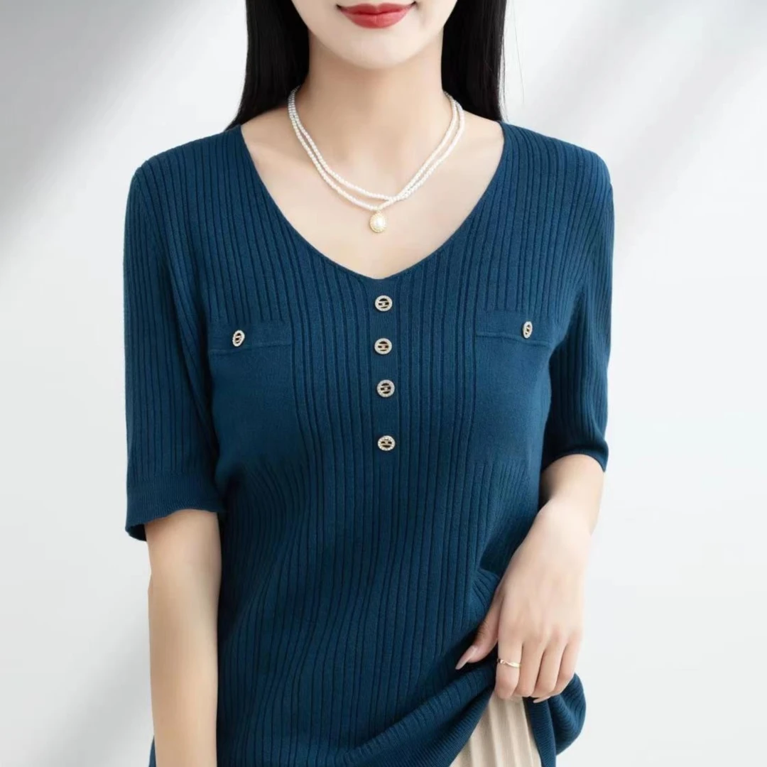 V领女不褪色毛针织衫显瘦时尚百搭毛衣上衣宽松薄款夏季针织衫