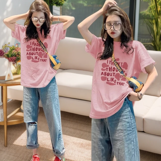 粉色短袖t恤女圆领纯棉宽松美式复古大码女装夏日多巴胺穿搭上衣
