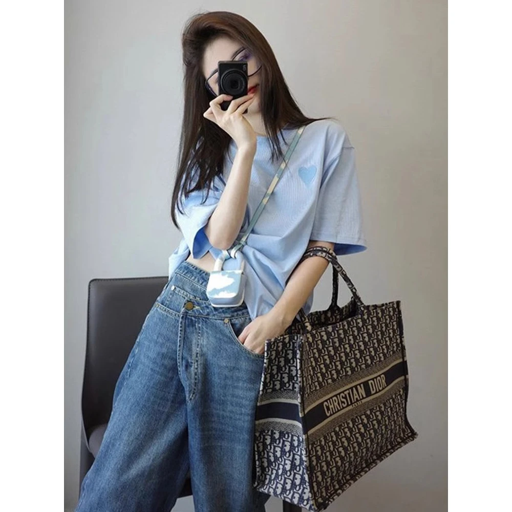 天蓝色爱心短袖t恤女夏季宽松百搭圆领上衣小个子微胖显瘦上衣