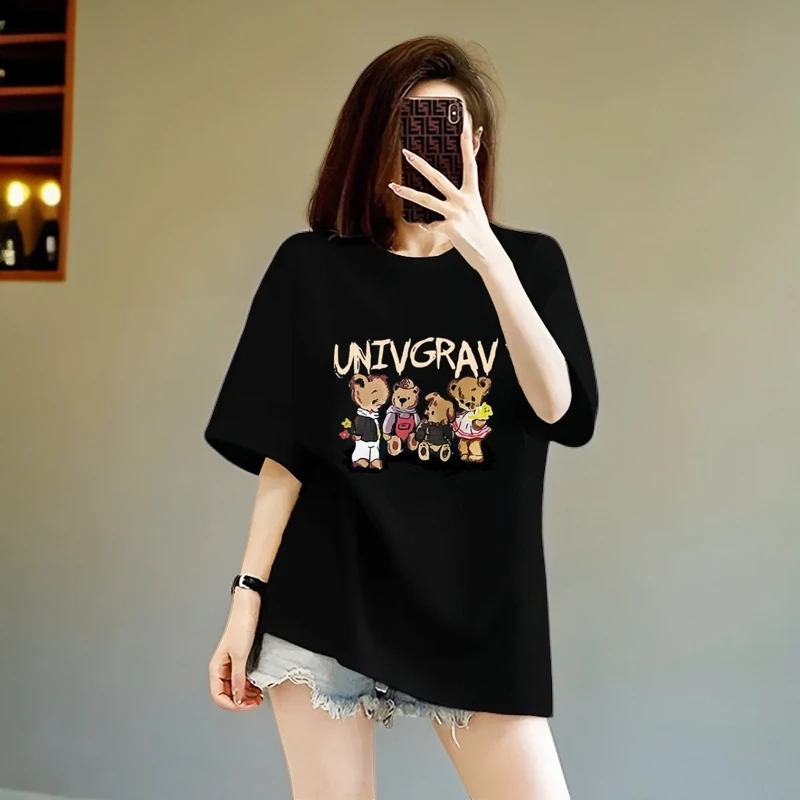 卡通小熊黑纯棉t恤短袖夏季宽松休闲时尚百搭显瘦大码女装半袖