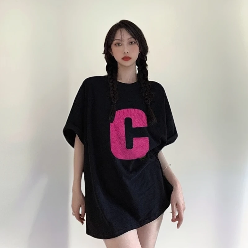 黑色短袖t恤女夏季韩版大码宽松显瘦休闲百搭中长款减龄新款上衣