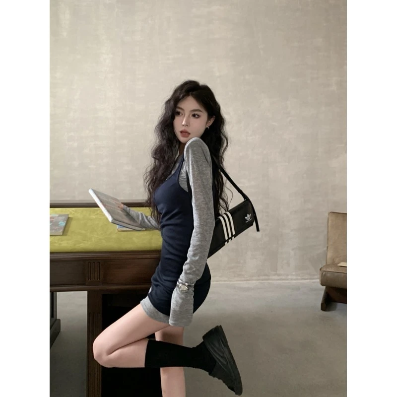 纯欲辣妹小个子穿搭一整套甜辣风打底上衣背心连衣裙两件套女春秋