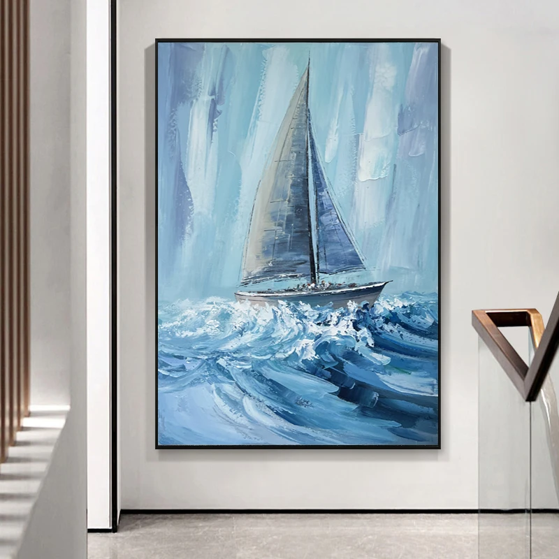 【扬帆远航】手绘油画创作客厅沙发背景墙玄关竖版帆船现代装饰画