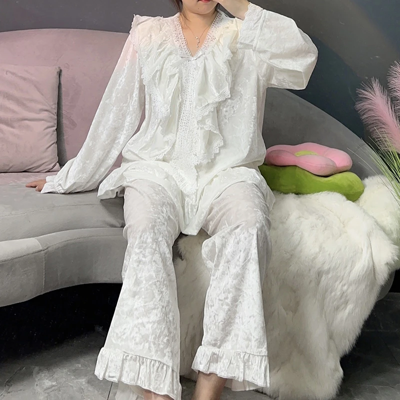 睡衣女夏季蕾丝套装春秋季女士甜美MM钻石绒大码家居服仙气公主风