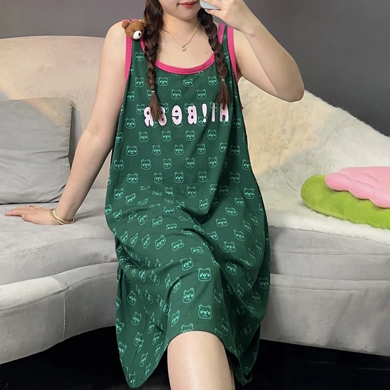 时尚休闲夏天薄款宽松韩版卡通熊长款睡裙吊带裙甜美背心裙女大码