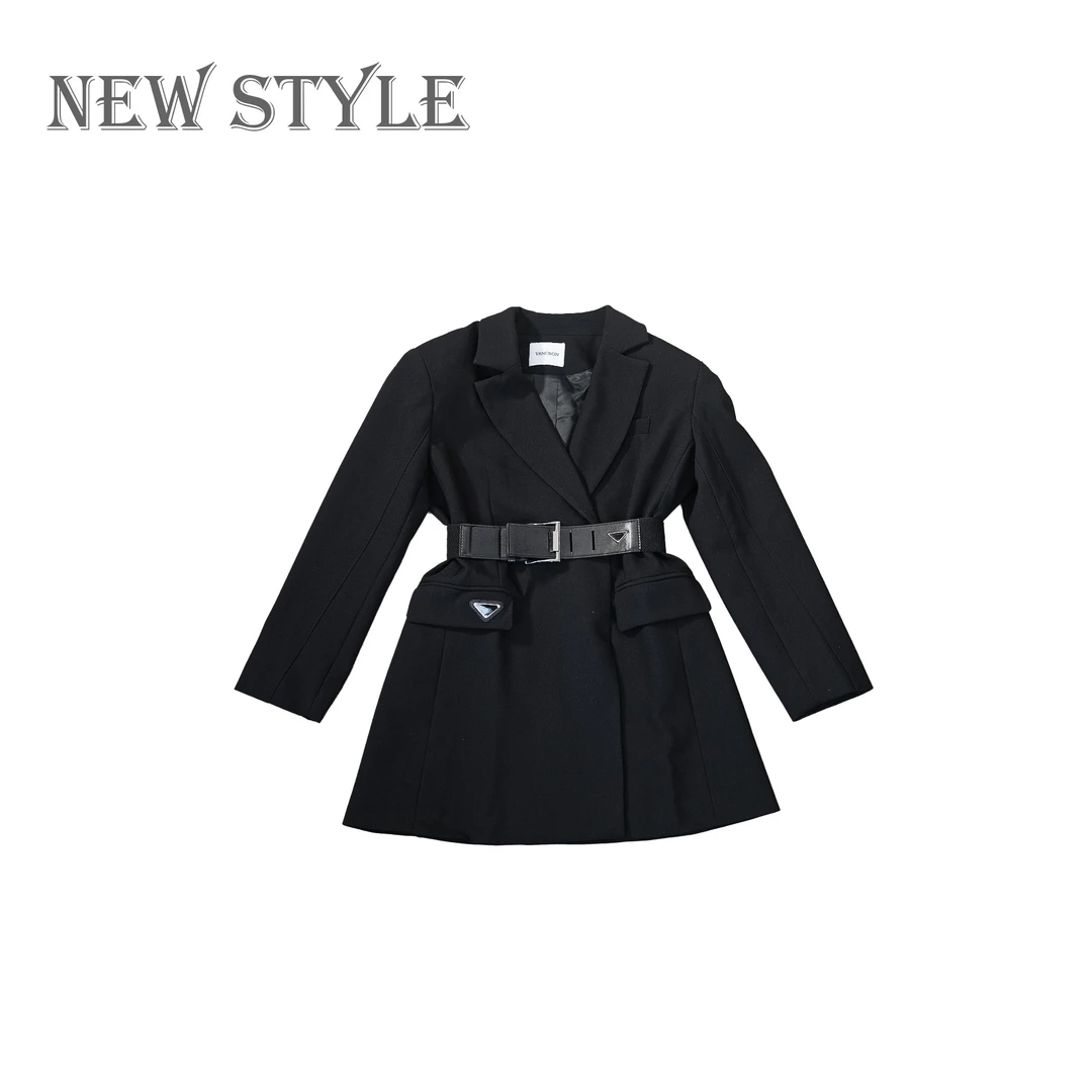女装西服三角标西装气质时尚女士黑色收腰设计师双排扣秋季中长款