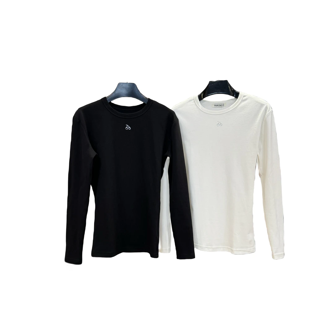 樱桃烫钻长袖时尚休闲女士潮流修身圆领百搭简约套头纯色黑白 色