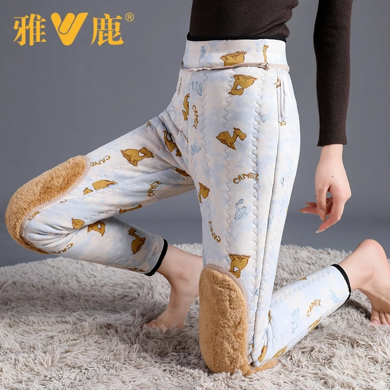 雅鹿加绒加厚驼绒棉裤900克护膝护腰外穿女冬季保暖高腰抗寒防风