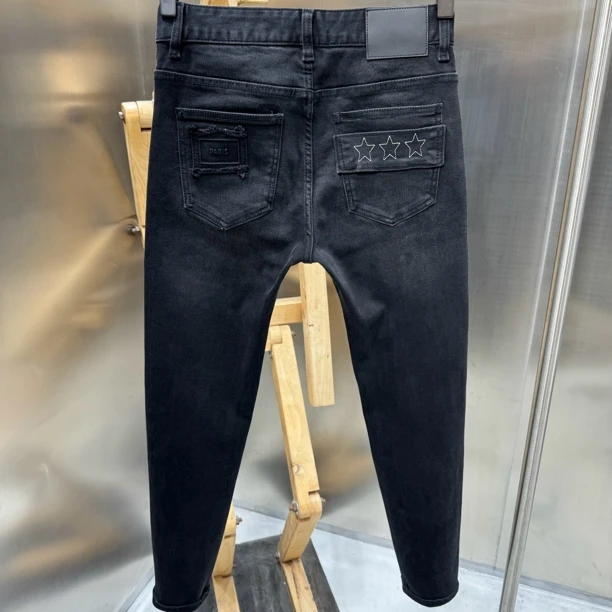 定制面料 手工刮烂锁色做旧修身小脚弹力黑灰色牛仔裤