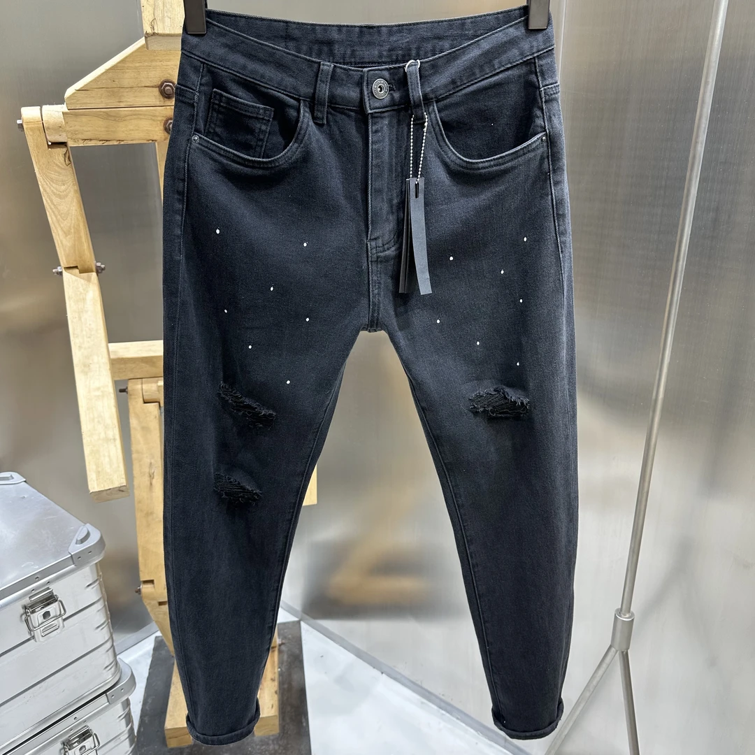 高端货定制弹力面料手工涂鸦油漆做旧磨破修身小脚牛仔裤男