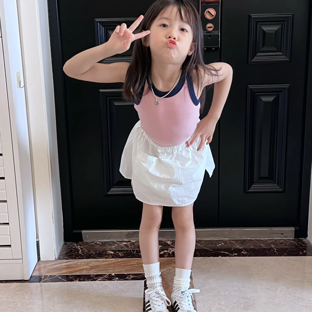 洛汐同款 拼色坑条背心白色裤裙