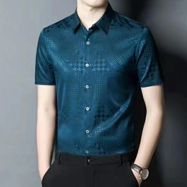 桑蚕丝弹力缎男士轻奢高档时尚休闲百搭夏季薄款商务修身印花翻领