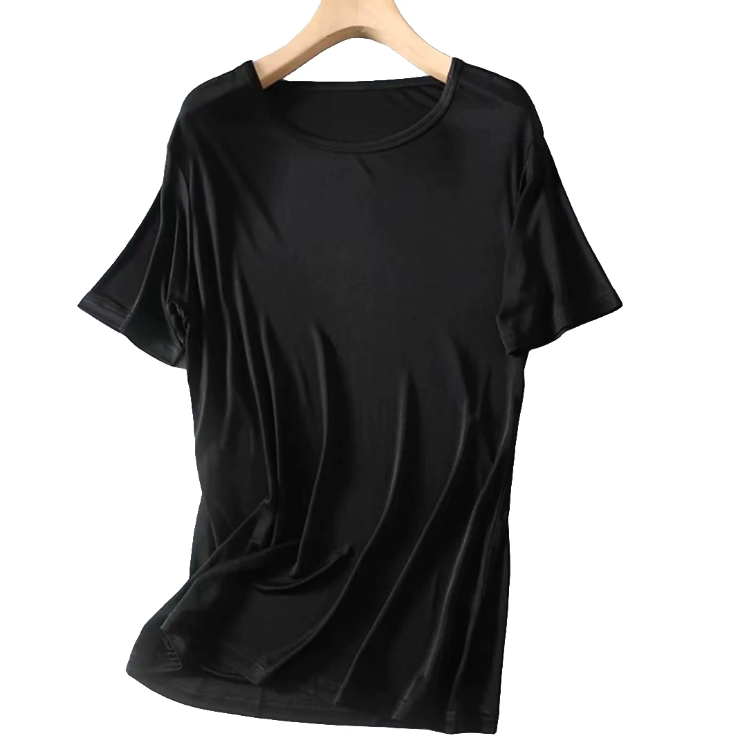 真丝显瘦百搭休闲上衣打底衫时尚夏季黑色宽松纯色针织圆领半袖衫