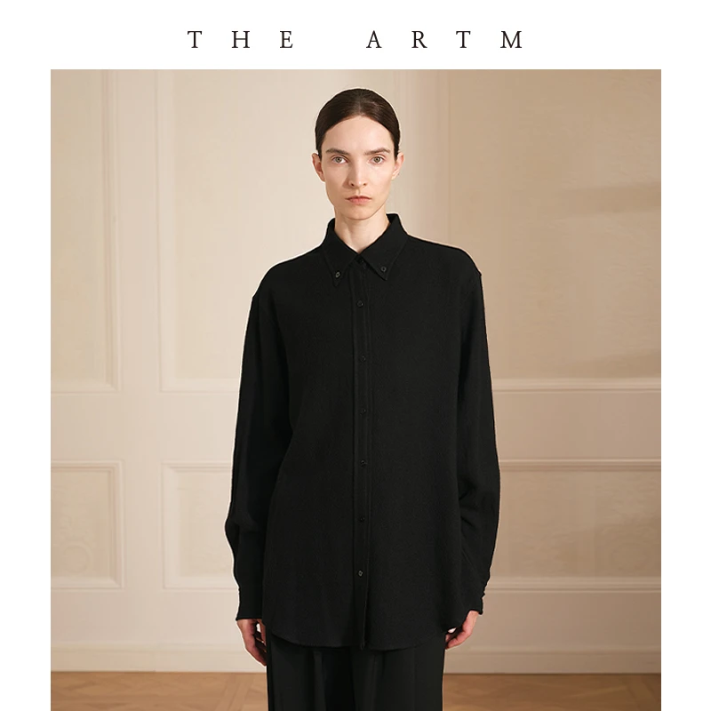 THE ARTM美利奴全羊毛人字纹 宽松H型翻领衬衫女秋 高端长袖上衣