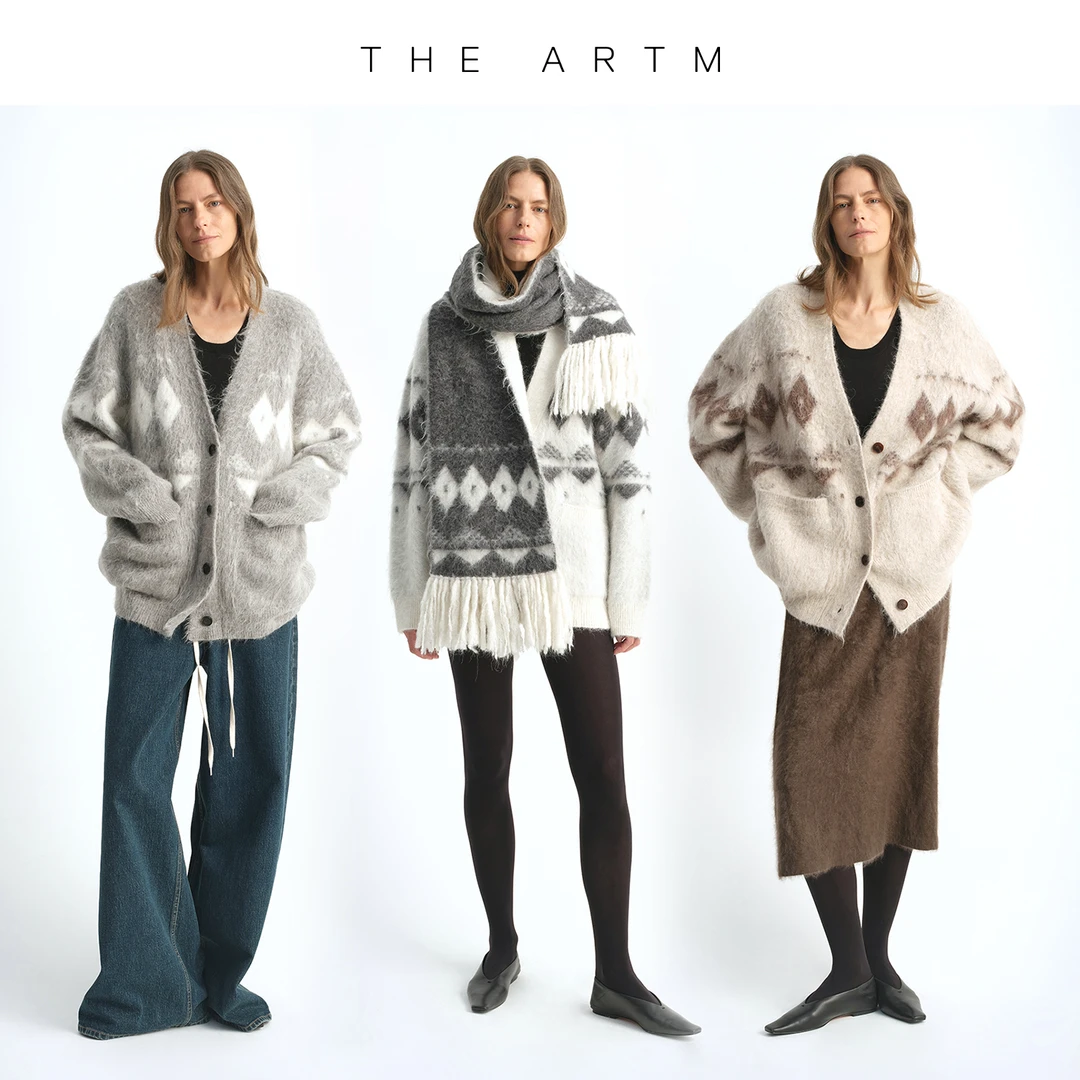 【达人专属】羊驼毛拉毛针织开衫女秋冬撞色提花廓形外套