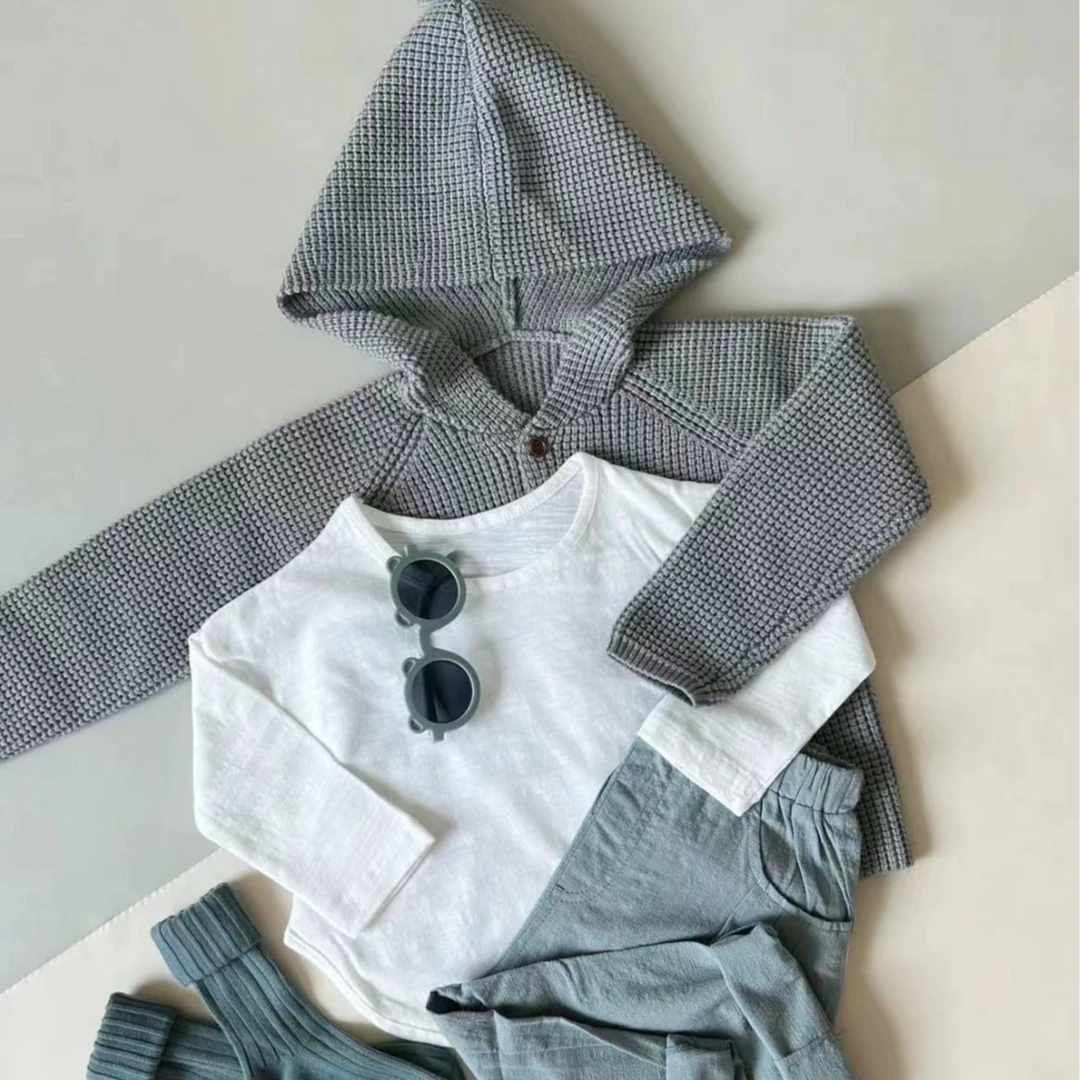 男童二九针织韩版小童假两件格子连帽