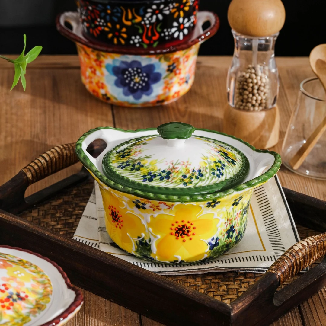 【ALMA】郁金流光 5.5寸手绘陶瓷艺术带盖双耳甜品碗釉下彩餐具