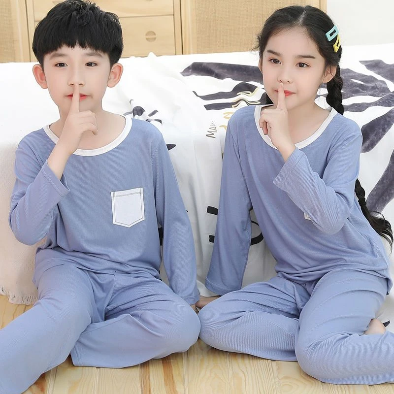 莫代尔睡衣家居服夏季薄款男童女童长袖长裤套装中大童空调外穿服