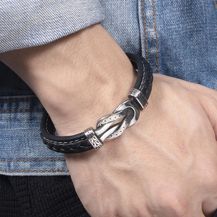 钛钢皮质手链 欧美复古男士手链男金属时尚潮男皮质手链简约百搭