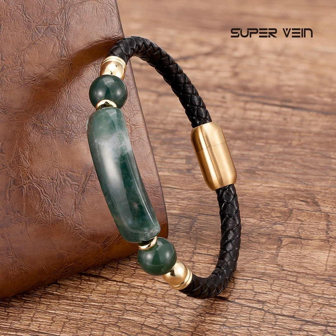 super vein 钛钢皮质手链 欧美时尚男士手链钛钢磁扣手环皮质个性