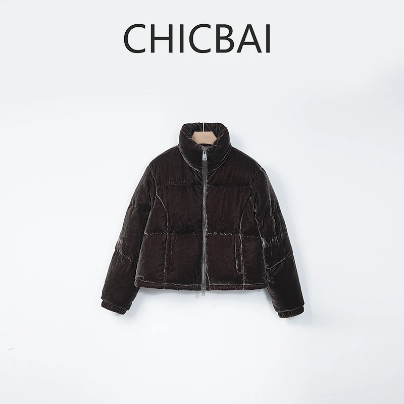 CHICBAI 真丝丝绒时髦双拉链立领白鸭绒面包羽绒服