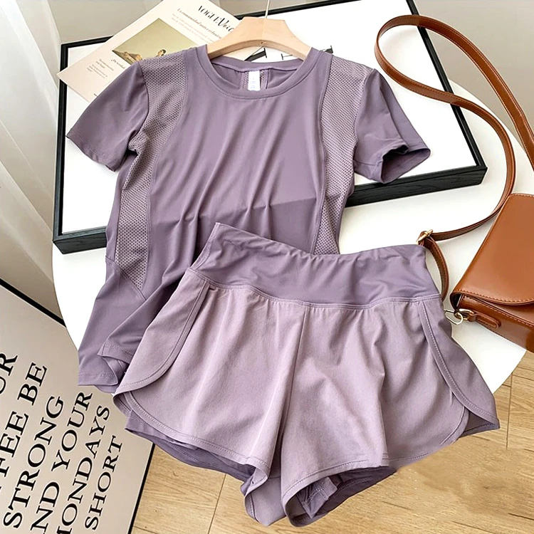 健身运动瑜伽服女夏季透气不闷热跑步短袖专业户外训练假两件短裤