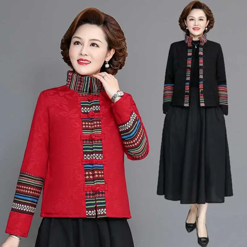 妈妈民族风提花棉袄中式加厚棉衣秋冬复古盘扣唐装棉服女装短外套