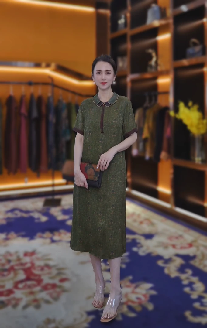 【秋香】新中式桑蚕丝真丝复古桑波缎连衣裙