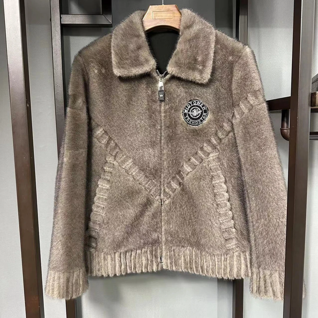 海宁正品休闲男外套秋冬百搭翻领冬季加厚烫钻工艺保暖银灰色款