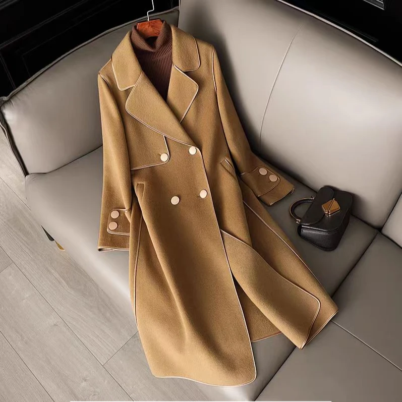 秋季韩版2010显瘦长款过膝双面大衣女士2024新款双排扣呢子外套