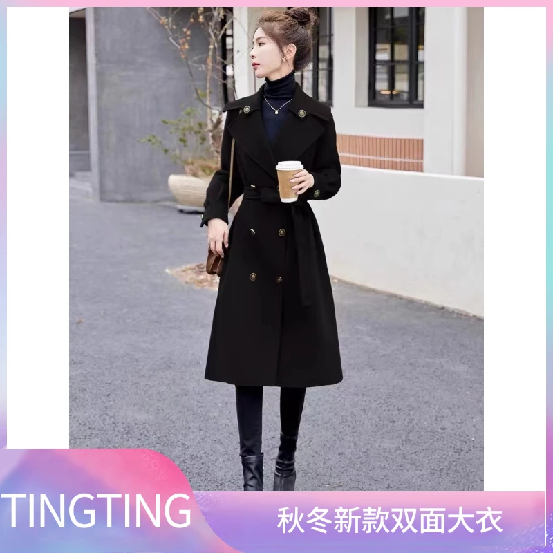 1077-1设计感通勤长款双面呢大衣中长款网红经典设计师秋冬双排扣